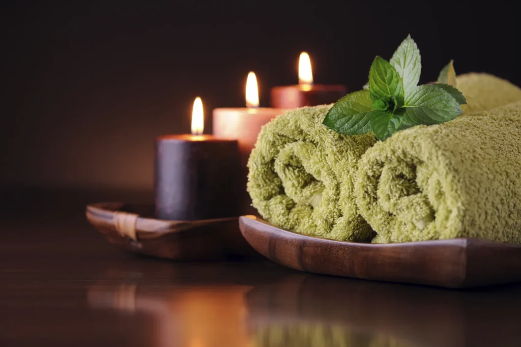 Variety of wellness products including essential oils and massage tools