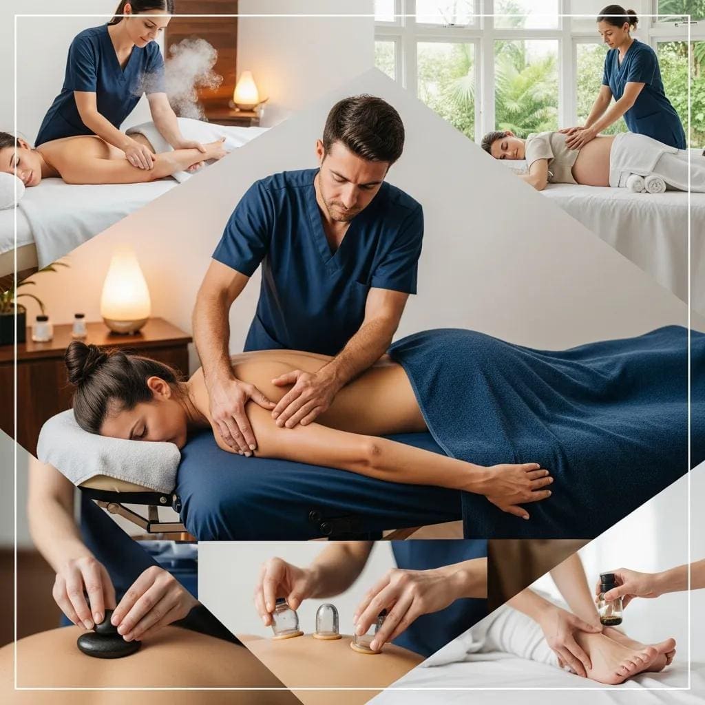 Collage of various therapeutic massage types including deep tissue and prenatal